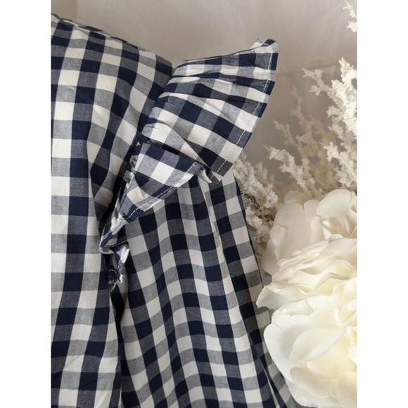 J. Crew Womens Navy Blue White Checkered Long Sleeve Blouse Ruffle Shoulder L - Picture 2 of 8